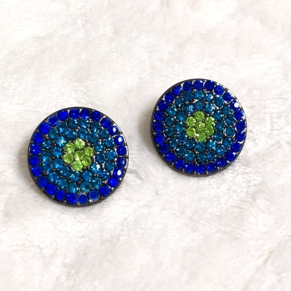 Vintage Sparkly Blue & Green Rhinestone Button Pierced Earrings - Picture 4 of 7